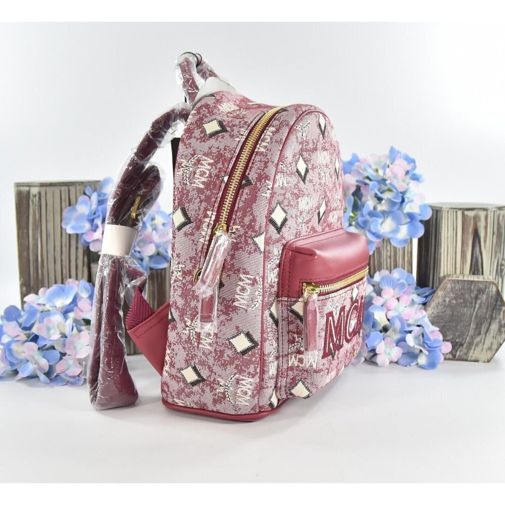 MCM Red Stark Vintage Jacquard Leather Small Backpack Book Bag NWT - Picture 3 of 7